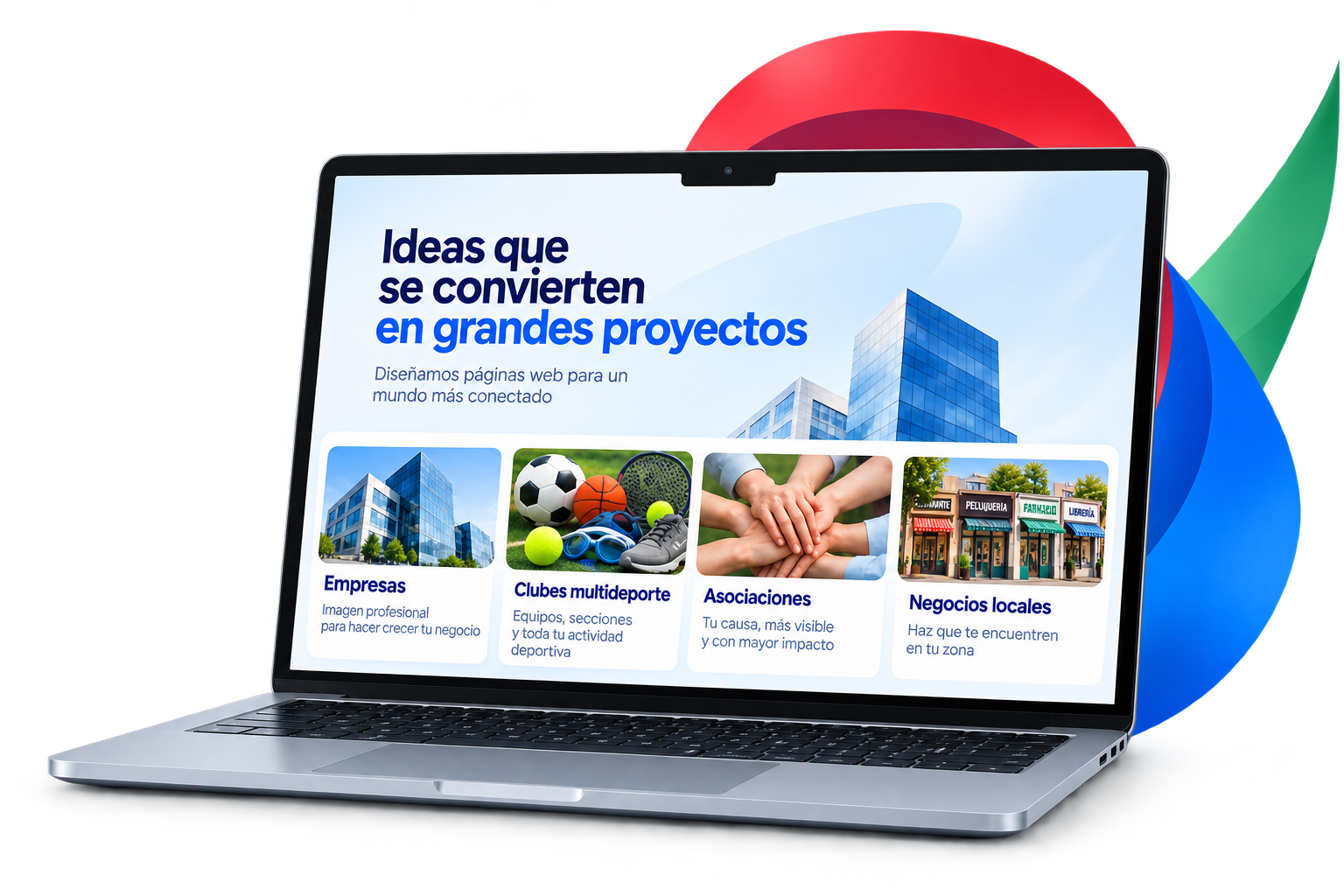 Portátil con ejemplos de páginas web para empresas, clubes, asociaciones y negocios locales
